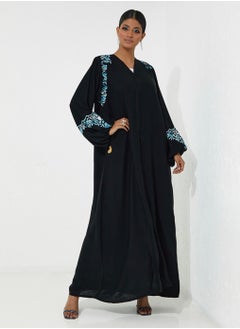 Rosette Abaya Blue Embroidery & Elastic Sleeves  - Image 3