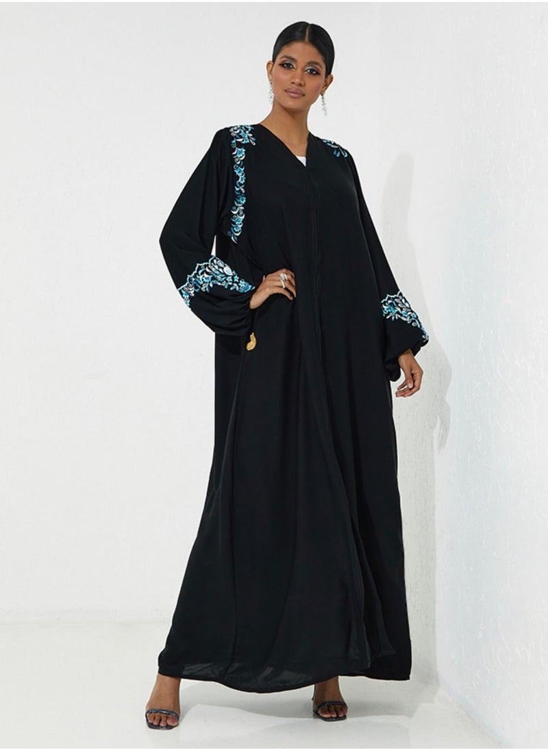 Rosette Abaya - Blue Embroidery & Elastic Sleeves - Image 1