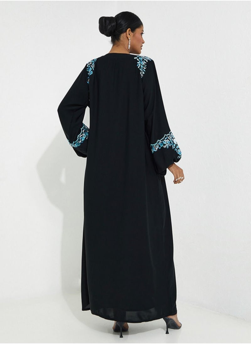 Rosette Abaya - Blue Embroidery & Elastic Sleeves - Image 1