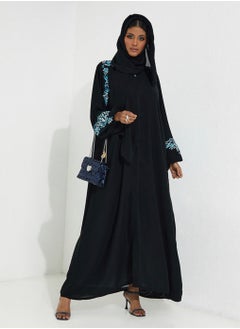 Rosette Abaya Blue Embroidery & Elastic Sleeves  - Image 1
