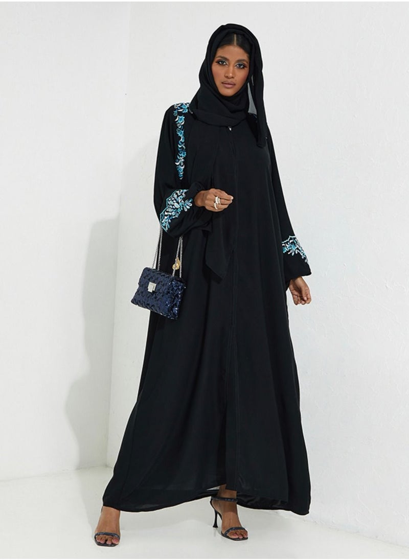 Rosette Abaya - Blue Embroidery & Elastic Sleeves - Image 1