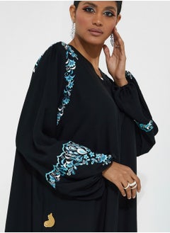 Rosette Abaya Blue Embroidery & Elastic Sleeves  - Image 2