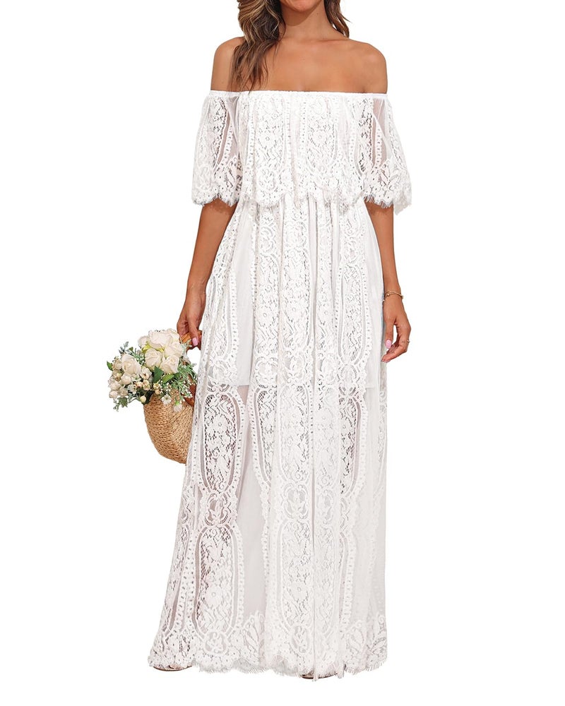 Holipick White lace Maxi Dress Off Shoulder Bridal Shower Boho Wedding Bride Reception Beach rehersal Dinner Dresses - Image 1