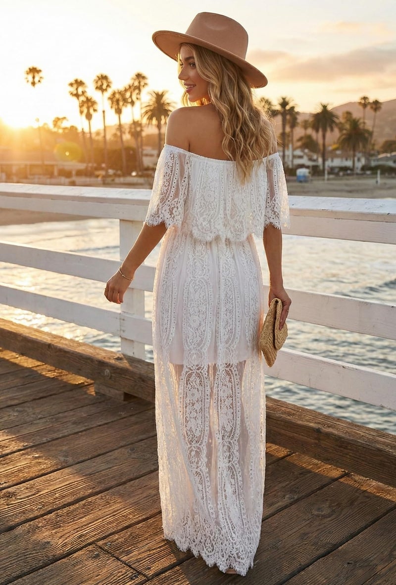 Holipick White lace Maxi Dress Off Shoulder Bridal Shower Boho Wedding Bride Reception Beach rehersal Dinner Dresses - Image 5