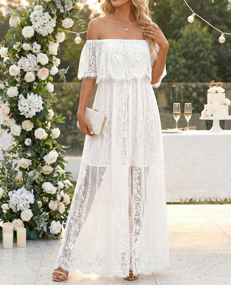 Holipick White lace Maxi Dress Off Shoulder Bridal Shower Boho Wedding Bride Reception Beach rehersal Dinner Dresses - Image 4