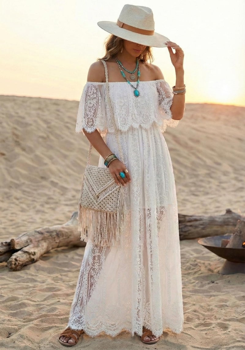 Holipick White lace Maxi Dress Off Shoulder Bridal Shower Boho Wedding Bride Reception Beach rehersal Dinner Dresses - Image 3
