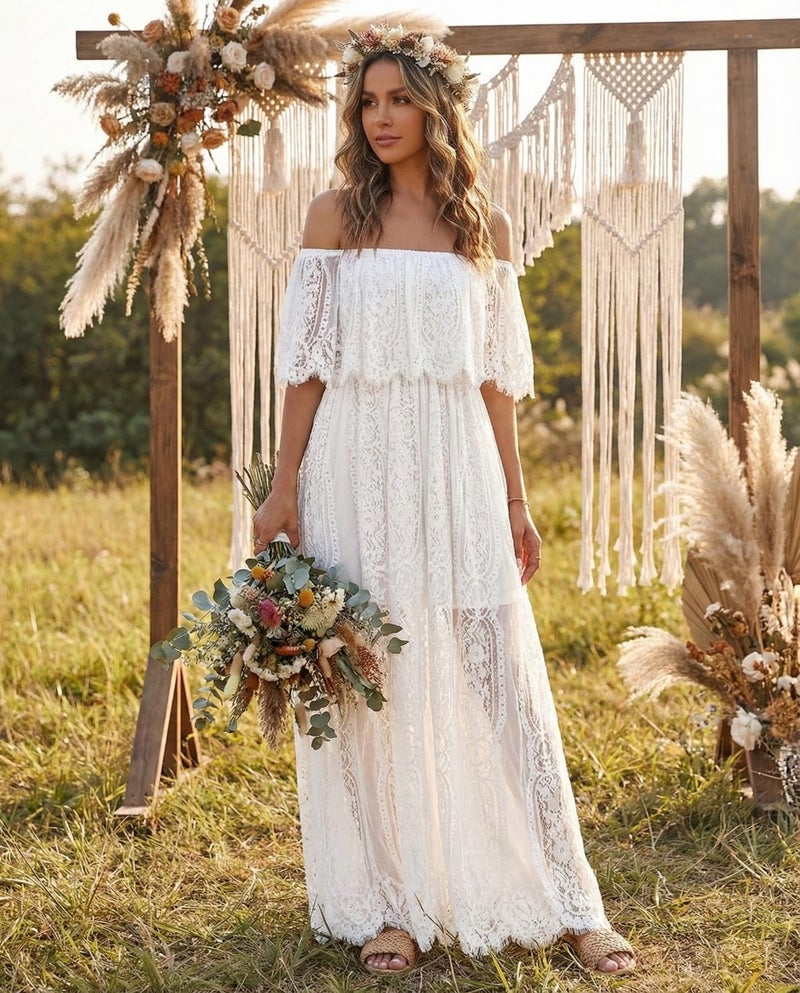 Holipick White lace Maxi Dress Off Shoulder Bridal Shower Boho Wedding Bride Reception Beach rehersal Dinner Dresses - Image 2