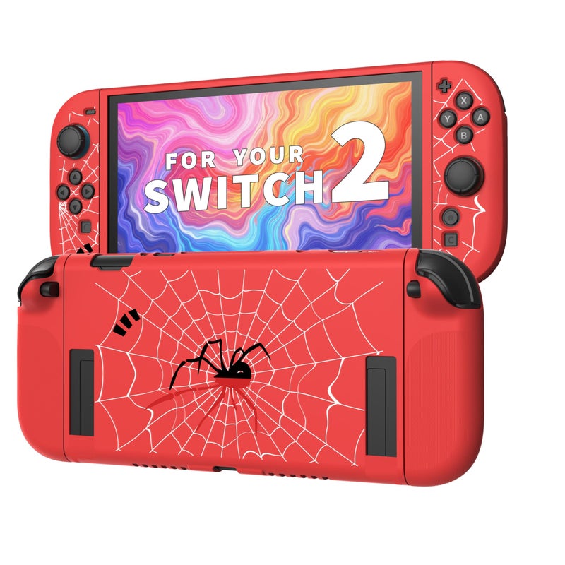 JEMDO Textured Grip Protective Case Compatible with Nintendo Switch 2 (2025) Only â€“ Spider Web Design, Red Matte Shockproof TPU Shell with Anti-Slip Handles, Ergonomic & Comfort Slim Back Cover - Image 1