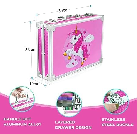 PUNJAN Unicorn Art & Craft Painting Box, Big Coloring Suitcase Multiple 145 Color Kit, Professional Drawing Water Color Pencils, Oil Pastel, Sketches & Acrylic Paint Brush for Girls and Boys - Image 2