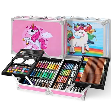 PUNJAN Unicorn Art & Craft Painting Box, Big Coloring Suitcase Multiple 145 Color Kit, Professional Drawing Water Color Pencils, Oil Pastel, Sketches & Acrylic Paint Brush for Girls and Boys - Image 1