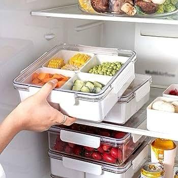 Dweezhet Divided Vegetable Tray with Lid Stackable Vegetable Food Square Storage Containers Serving Plate with 4 Compartment Snack Containers for Fruit Organizer Bins BPAFree Storage Jars Boxes 1 - Image 2