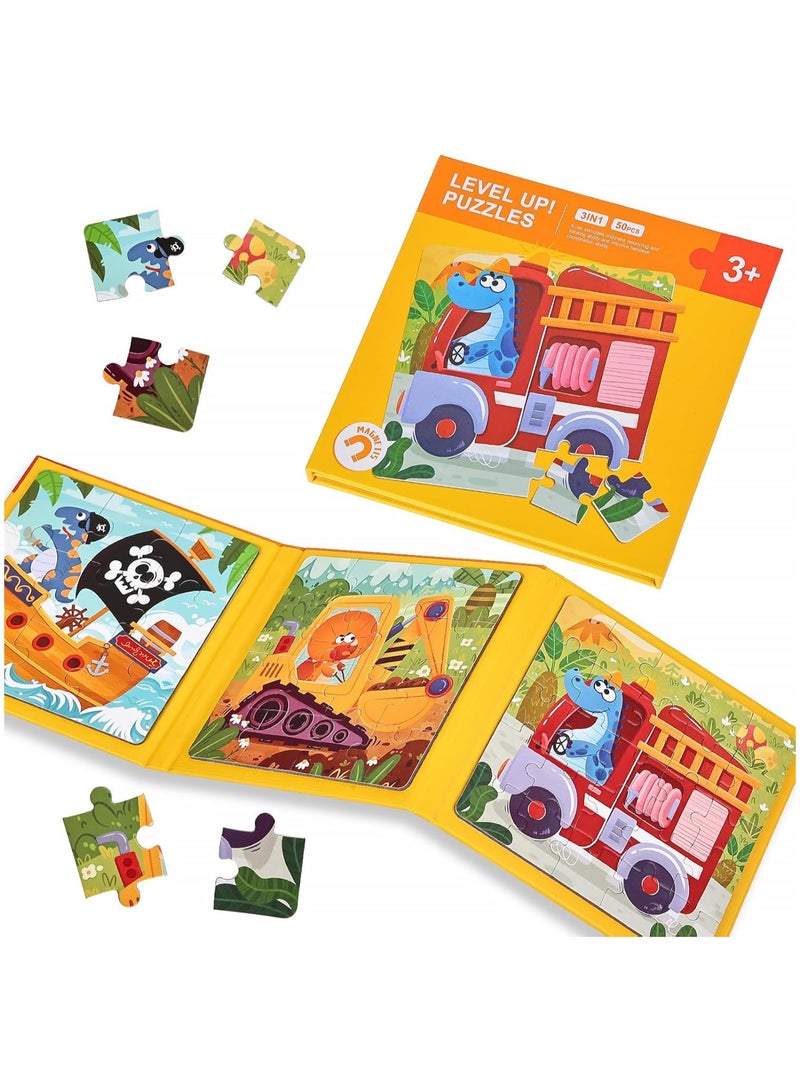 Magnetic 3-in-1 Graduated Difficulty Puzzle Book, Educational Logic Development Jigsaw Toy, Durable Paper Material, for Ages 3+, Ideal for Boys & Girls - Transportation Vehicles - Image 2
