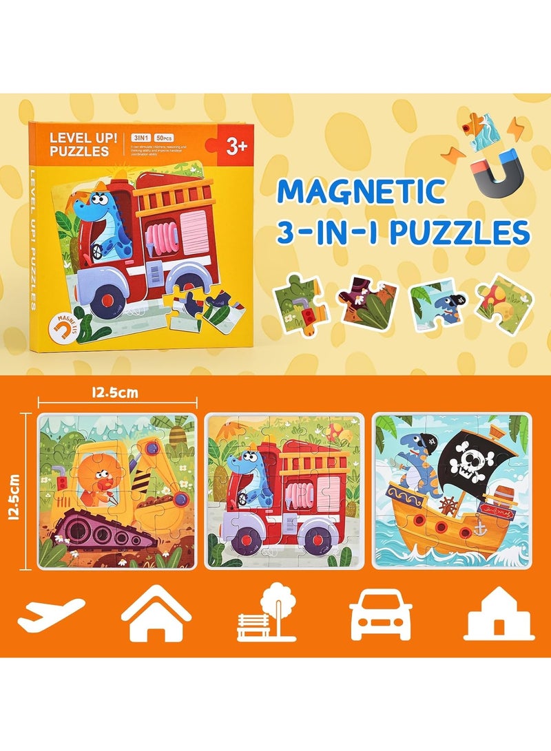Magnetic 3-in-1 Graduated Difficulty Puzzle Book, Educational Logic Development Jigsaw Toy, Durable Paper Material, for Ages 3+, Ideal for Boys & Girls - Transportation Vehicles - Image 3