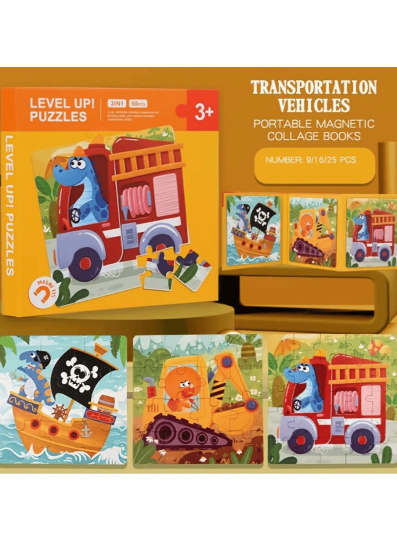 Magnetic 3-in-1 Graduated Difficulty Puzzle Book, Educational Logic Development Jigsaw Toy, Durable Paper Material, for Ages 3+, Ideal for Boys & Girls - Transportation Vehicles - Image 1