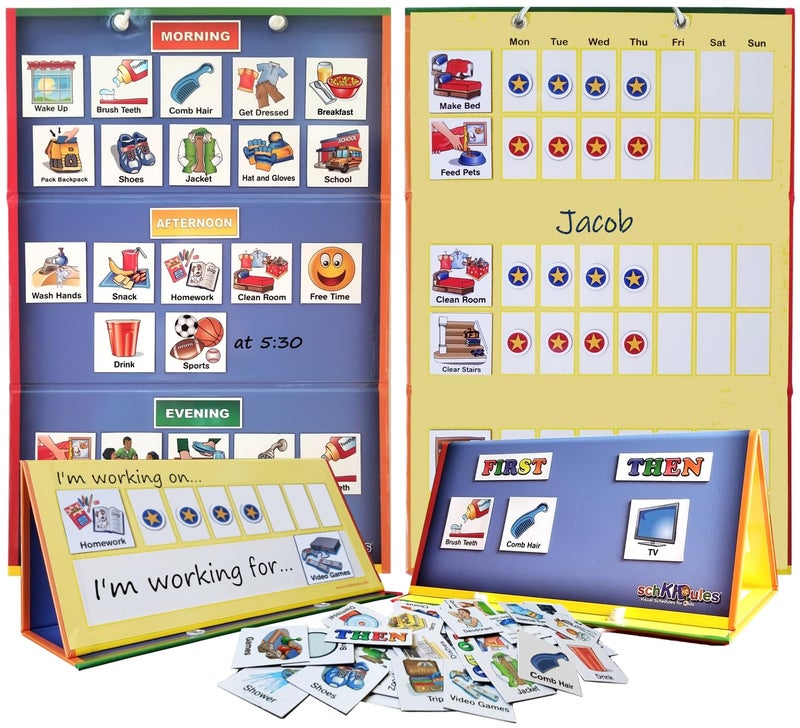 SchKIDules Home-Themed Magnetic Visual Schedule & Reward Chart w/129 Colorful Magnets & 2-Sided 18â€ Folding Board; for Daily Routines, Chores, Behavioral Supports, Kidsâ€™ Calendar, ADHD & Autism Tools - Image 1