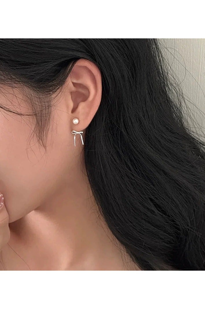 Goolsky Bow Pearl Stud Earrings for Women – 925 Sterling Silver, Elegant Korean Style, Dainty Statement Earrings 2025 Trend  - Image 2