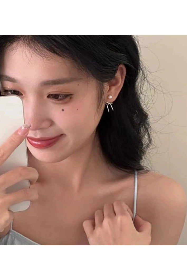 Goolsky Bow Pearl Stud Earrings for Women – 925 Sterling Silver, Elegant Korean Style, Dainty Statement Earrings 2025 Trend  - Image 3