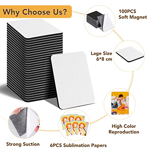 NEOACT 200Pcs Sublimation Magnet Blanks Set,Personalized Sublimation Refrigerator Magnet for Home Kitchen Microwave Oven Decor&Office Calendar with 100PCS Blank Rubber Pad(6x8cm), 100PCS DIY Soft Magnetic - Image 3