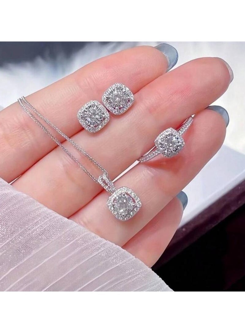 4pcs/Set Cuboid Shiny Zirconia Inlaid Stud Earrings & Pendant Necklace & Ring Elegant Luxury Style Delicate Female Gift  - Image 1