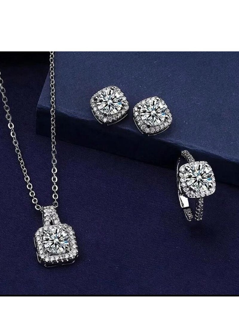 4pcs/Set Cuboid Shiny Zirconia Inlaid Stud Earrings & Pendant Necklace & Ring Elegant Luxury Style Delicate Female Gift  - Image 2
