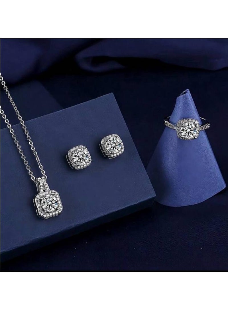 4pcs/Set Cuboid Shiny Zirconia Inlaid Stud Earrings & Pendant Necklace & Ring Elegant Luxury Style Delicate Female Gift  - Image 3