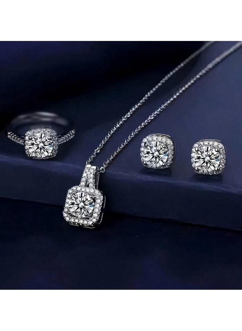 4pcs/Set Cuboid Shiny Zirconia Inlaid Stud Earrings & Pendant Necklace & Ring Elegant Luxury Style Delicate Female Gift  - Image 4