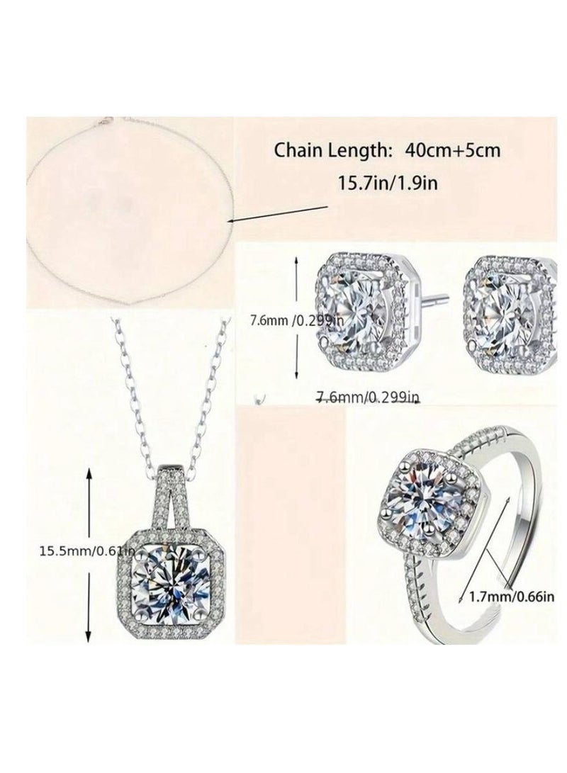 4pcs/Set Cuboid Shiny Zirconia Inlaid Stud Earrings & Pendant Necklace & Ring Elegant Luxury Style Delicate Female Gift  - Image 5
