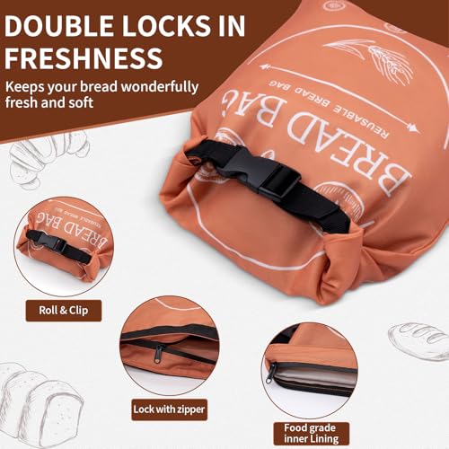 LDJRCP Bread Bags for Homemade with Beeswax Wrap - Zipper Reusable Bread Bag for Sourdough 2-Pack, Reusable Food Storage Bag to Keep Sourdough Fresh, Freezer-Safe, Eco-Friendly (Orange&Grey) - Image 3