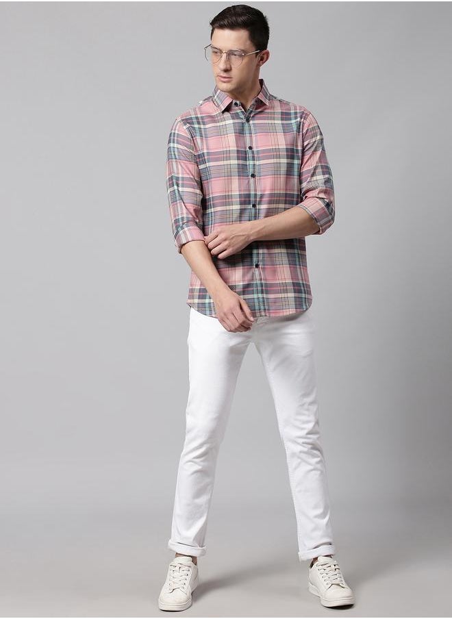 Dennis Lingo - Slim Fit Pink Men's Checkered Shirt, Spread Collar, Full Sleeves, 100% Cotton, - Image 1