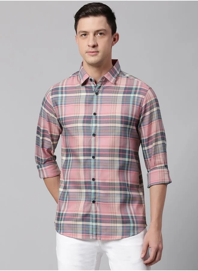 دينيس لينغو Slim Fit Pink Men's Checkered Shirt, Spread Collar, Full Sleeves, 100% Cotton,