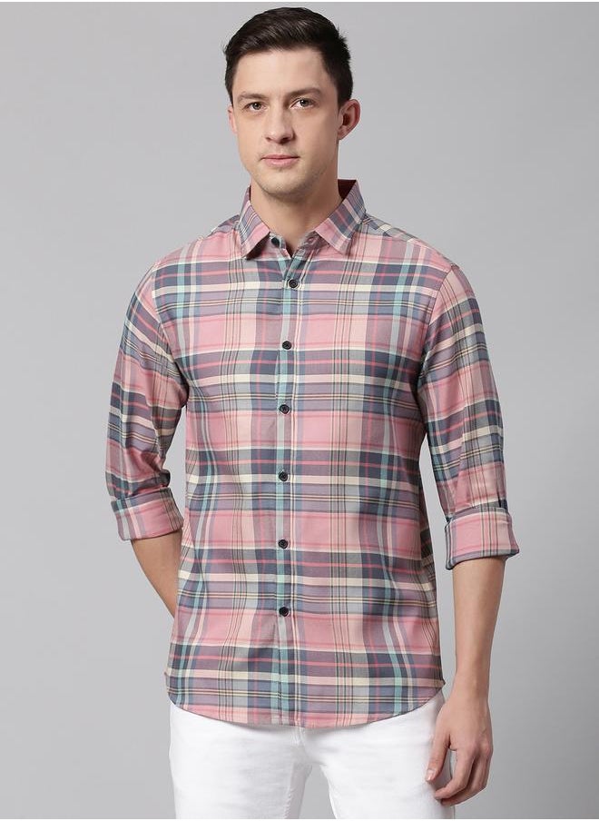 Dennis Lingo - Slim Fit Pink Men's Checkered Shirt, Spread Collar, Full Sleeves, 100% Cotton, - Image 1
