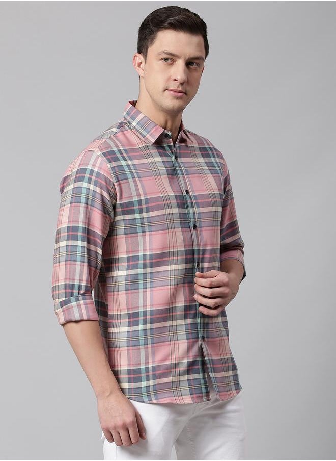 Dennis Lingo - Slim Fit Pink Men's Checkered Shirt, Spread Collar, Full Sleeves, 100% Cotton, - Image 1