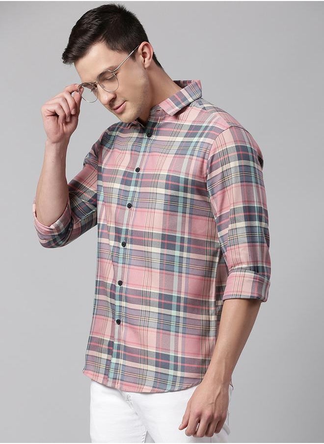 Dennis Lingo - Slim Fit Pink Men's Checkered Shirt, Spread Collar, Full Sleeves, 100% Cotton, - Image 1