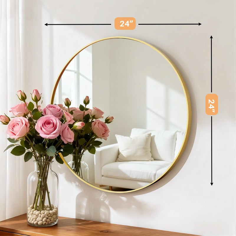 Atilioo Bathroom Mirror for Wall, 24 Inch Round Mirror, Matte Gold Metal Framed Circle Vanity Mirror for Bathroom Bedroom Living Room Entryway, Anti-Rust, Tempered Glass, Hanging or Leaning - Image 3
