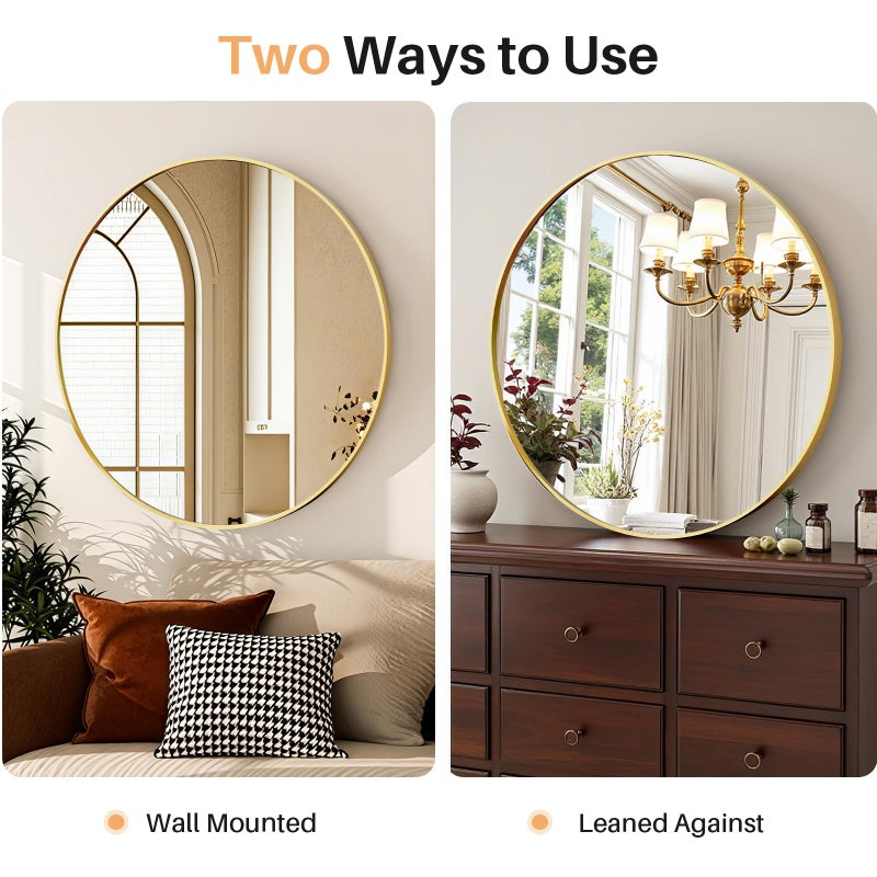 Atilioo Bathroom Mirror for Wall, 24 Inch Round Mirror, Matte Gold Metal Framed Circle Vanity Mirror for Bathroom Bedroom Living Room Entryway, Anti-Rust, Tempered Glass, Hanging or Leaning - Image 5