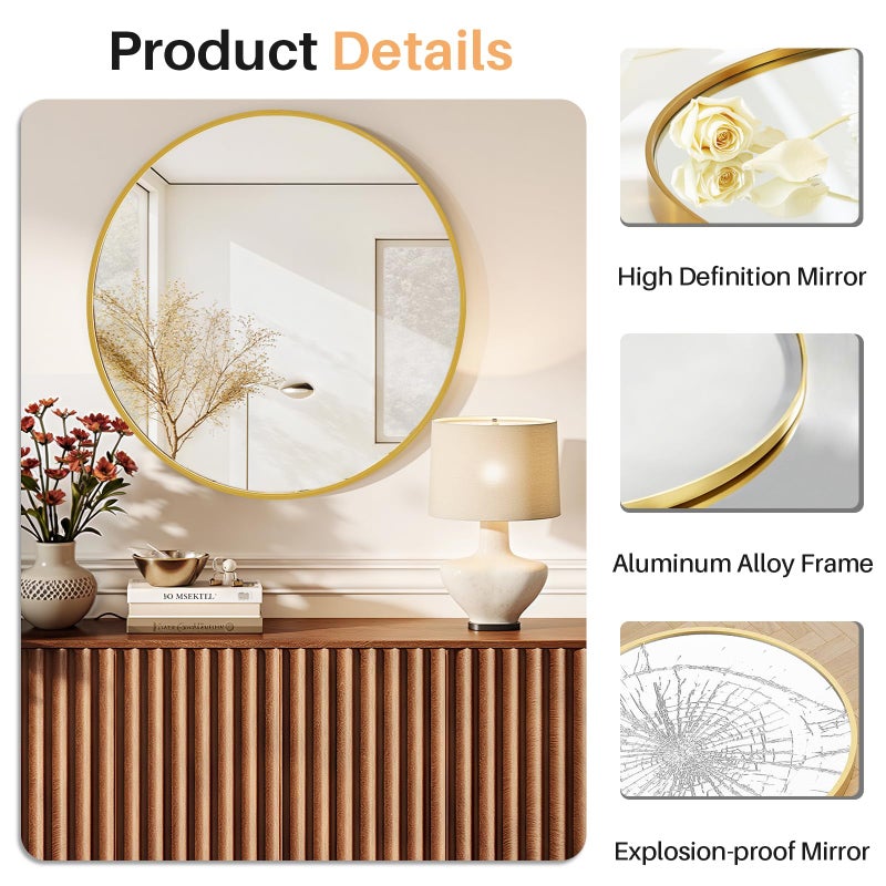 Atilioo Bathroom Mirror for Wall, 24 Inch Round Mirror, Matte Gold Metal Framed Circle Vanity Mirror for Bathroom Bedroom Living Room Entryway, Anti-Rust, Tempered Glass, Hanging or Leaning - Image 4