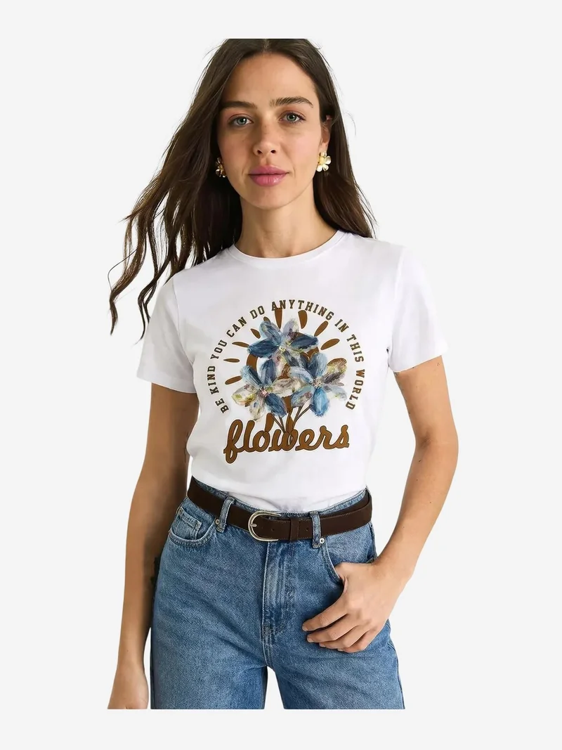 Bianco Lucci White LUCCI Floral Crew Neck Knitted T-Shirt for Women | Best Price UAE