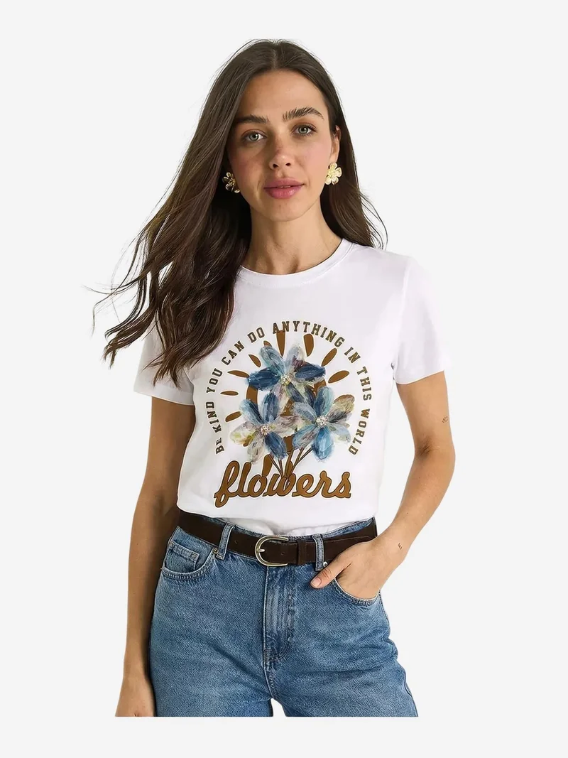 Bianco Lucci White LUCCI Floral Crew Neck Knitted T-Shirt for Women | Best Price UAE
