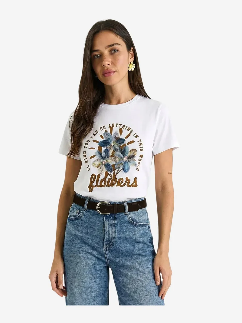 Bianco Lucci White LUCCI Floral Crew Neck Knitted T-Shirt for Women | Best Price UAE