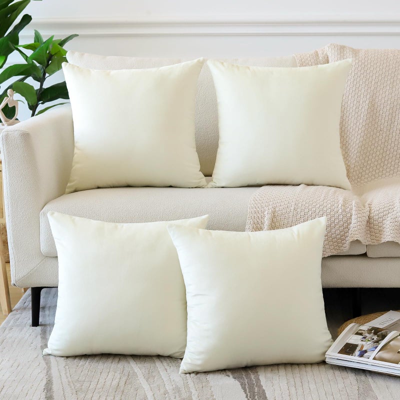OTOSTAR Set of 4 Decorative Throw Pillow Covers Soft Velvet Solid Square Pillow Cases Luxury Cushion Covers Case for Sofa Car Patio Bedroom Living Room 18x18 Inch Cream White