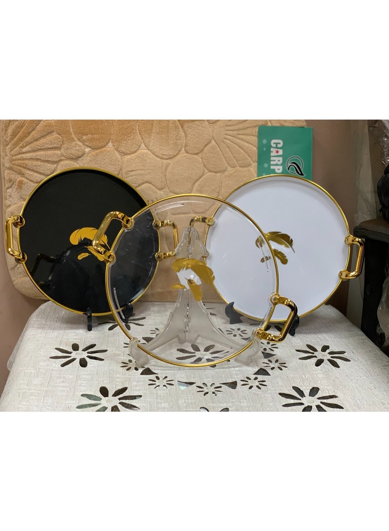 صينية تقديم دائرية أكريليك مستوردة – مقبض ذهبي أنيق بريشة - Image 3