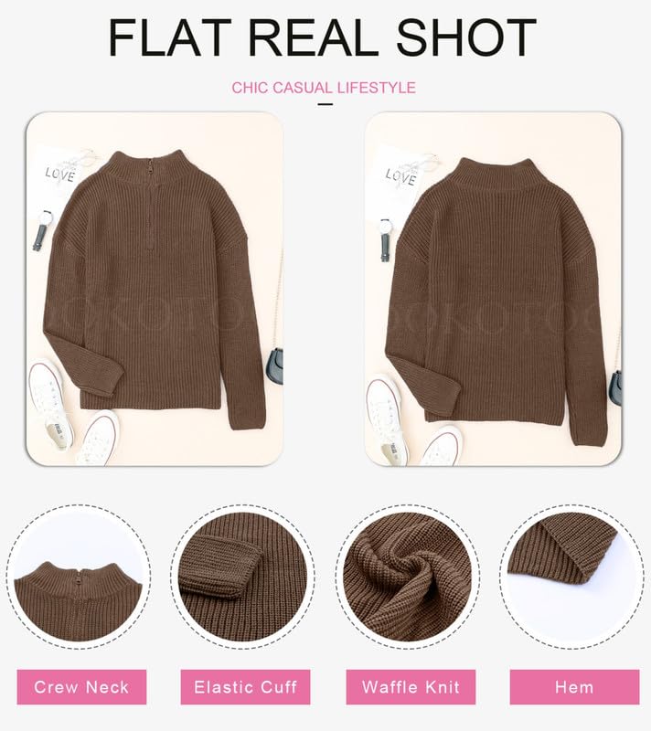 Dokotoo Plus Size Sweaters for Women Long Sleeve Rib Knit V Neck Sweater Quarter Zip Pullover Chunky Warm Fall Winter Outfits Ladies Polo Oversized Lightweight Cozy Brown Sweater XX-Large