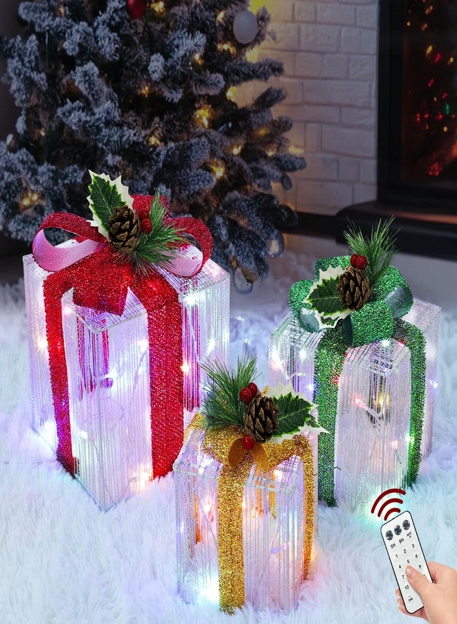 أمينون علب هدايا مضيئة تعمل بجهاز تحكم عن بعد، مجموعة من 3 علب هدايا قماشية لامعة مضيئة مع 60 مصباحًا ثنائي اللون متغير اللون ومؤقت بـ 12 وضعًا، زينة عيد الميلاد لشجرة عيد الميلاد في الداخل والخارج والفناء - Image 2