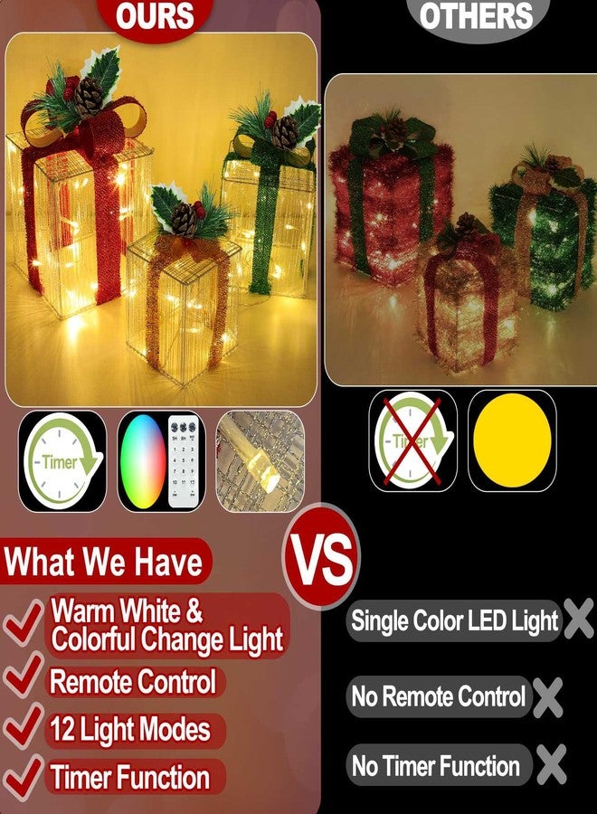 أمينون علب هدايا مضيئة تعمل بجهاز تحكم عن بعد، مجموعة من 3 علب هدايا قماشية لامعة مضيئة مع 60 مصباحًا ثنائي اللون متغير اللون ومؤقت بـ 12 وضعًا، زينة عيد الميلاد لشجرة عيد الميلاد في الداخل والخارج والفناء - Image 5