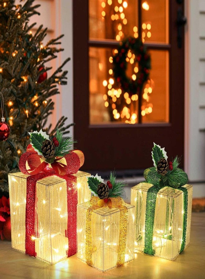 أمينون علب هدايا مضيئة تعمل بجهاز تحكم عن بعد، مجموعة من 3 علب هدايا قماشية لامعة مضيئة مع 60 مصباحًا ثنائي اللون متغير اللون ومؤقت بـ 12 وضعًا، زينة عيد الميلاد لشجرة عيد الميلاد في الداخل والخارج والفناء - Image 4