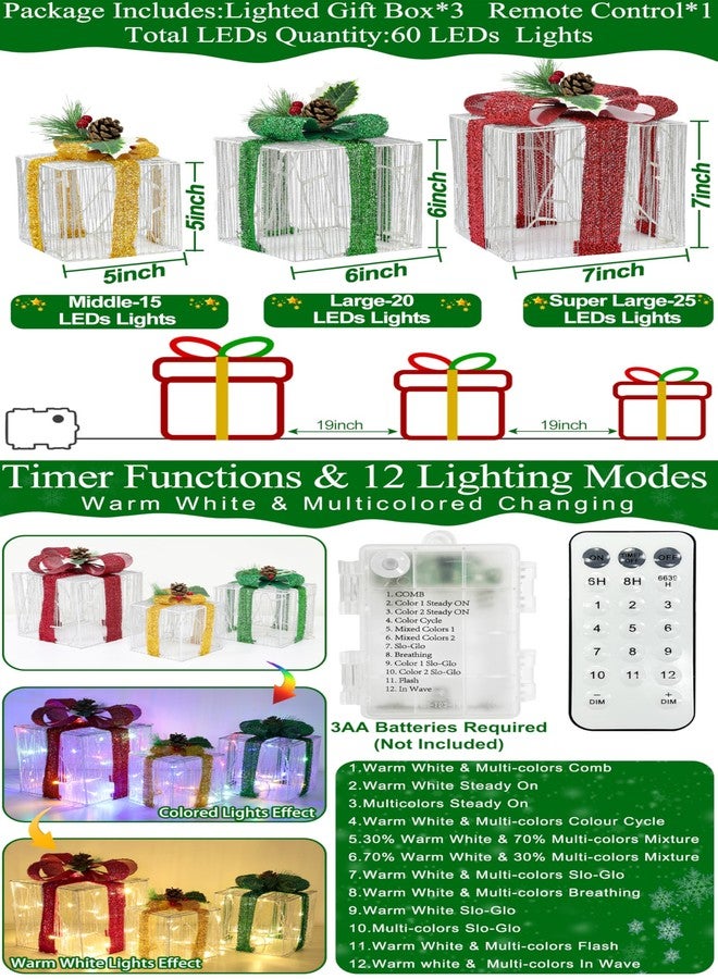أمينون علب هدايا مضيئة تعمل بجهاز تحكم عن بعد، مجموعة من 3 علب هدايا قماشية لامعة مضيئة مع 60 مصباحًا ثنائي اللون متغير اللون ومؤقت بـ 12 وضعًا، زينة عيد الميلاد لشجرة عيد الميلاد في الداخل والخارج والفناء - Image 3