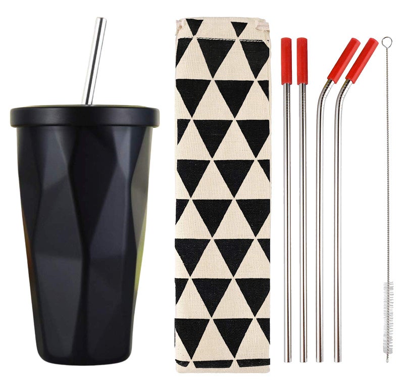 STORE 2508 480ML Vacuum Insulated Travel Stainless Steel Flask Tumbler with Steel Straw and Lid Hot and Cold Sipper (Black) - Image 1