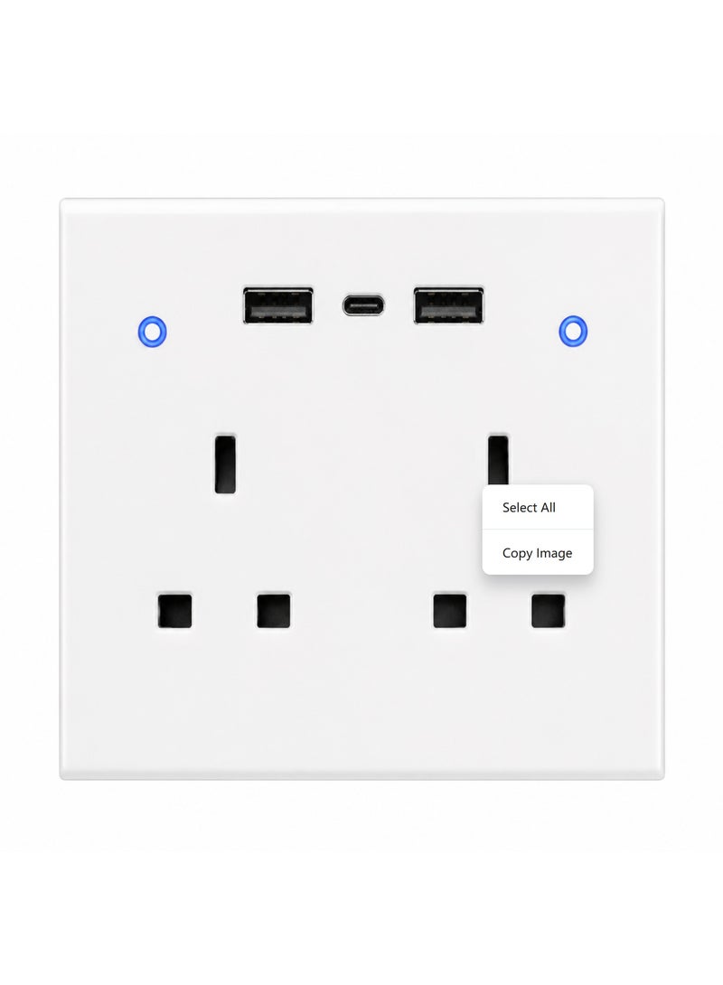مقبس حائط ذكي واي فاي بمقبسين بريطانيين ومنفذ Type-C ومنفذي USB، تحكم عبر التطبيق والصوت متوافق مع أليكسا وجوجل، لوحة ممتازة مقاومة للهب، أبيض - Image 1