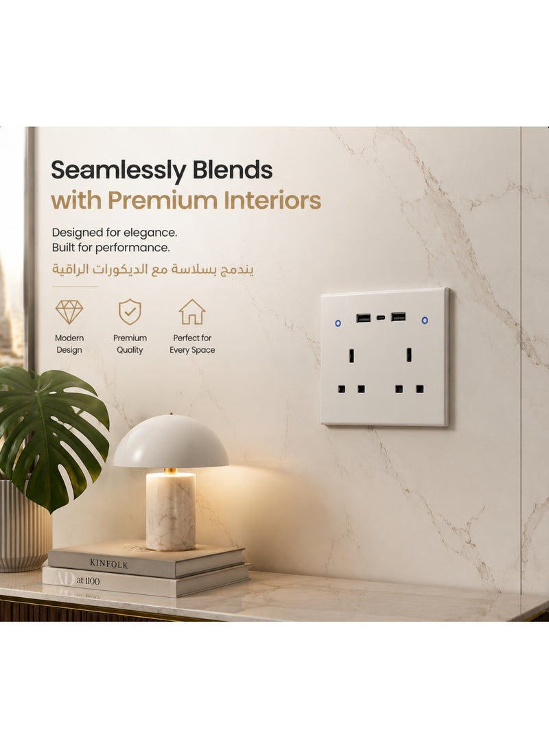 مقبس حائط ذكي واي فاي بمقبسين بريطانيين ومنفذ Type-C ومنفذي USB، تحكم عبر التطبيق والصوت متوافق مع أليكسا وجوجل، لوحة ممتازة مقاومة للهب، أبيض - Image 2