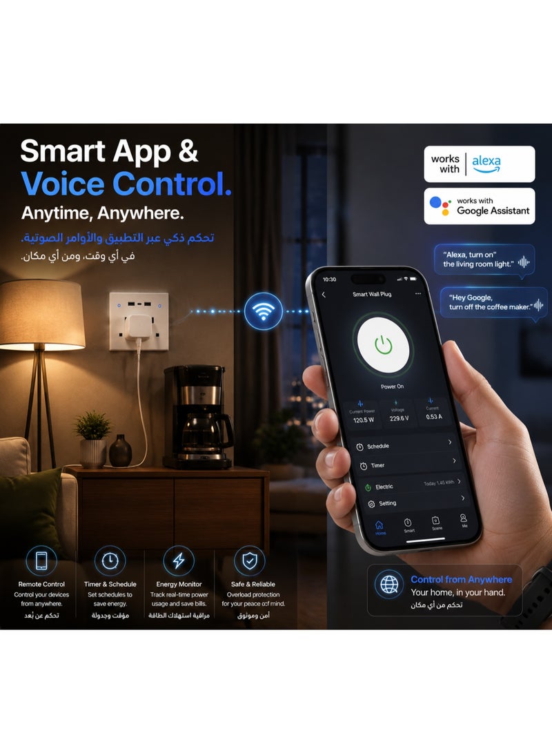 مقبس حائط ذكي واي فاي بمقبسين بريطانيين ومنفذ Type-C ومنفذي USB، تحكم عبر التطبيق والصوت متوافق مع أليكسا وجوجل، لوحة ممتازة مقاومة للهب، أبيض - Image 4
